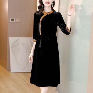 Casual Dresses Elegant Black Chinese Improved Hanfu Stitching Party for Women 2023 Spring Autumn Lady Lapel Colar Velvet aftonklänning