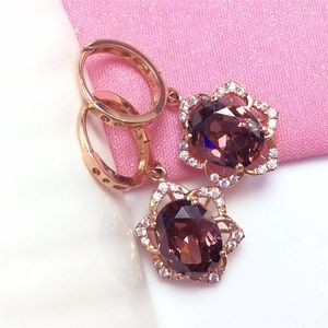 Dangle Earrings Classic 585 Purple Gold Plated 14K Rose Inlaid Light Amethyst Flower For Women Luxury Charm Wedding Jewelry