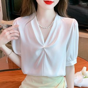 Kvinnor Bluses Office Lady White Topps Female Elegant Fashion Chiffon Pink Blouse For Women Clothing V-Neck Puff-Sleeve Solid Color Pullover