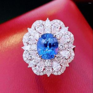 Cluster-Ringe HJY Blauer Saphir-Ring, 3,18 ct, echtes 18-karätiges Gold, natürlich, ungewärmt, Kornblumen-Edelstein, Diamanten, Stein, weiblich