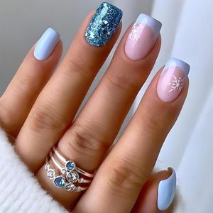 Unghie finte 24 pezzi Paillettes argento Finto fiocco di neve Natale Breve pressione sulle punte delle unghie Strumenti per manicure artificiali indossabili