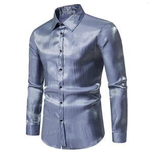 Camisetas masculinas homens Men cintilante de manga longa Botão de colarinho de giro brilhante