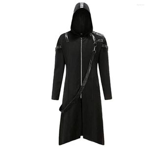 Męski Trench Coats Men Halloween cosplay haft haftery skórzane ramię kostium punkowy średniowieczne wiktoriańskie retro rycerz z kapturem