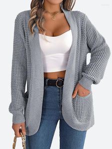 Malhas femininas Benuynffy Womens manga comprida aberta frente cardigan outono 2023 sólido cinza branco cáqui de malha casual suéter casaco com bolsos