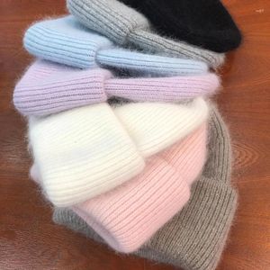 Berets 2023 Fashion Winter Hat For Womens Solid Color Real Fur Beanies Woman Knit Bonnet Female Warm Skullies