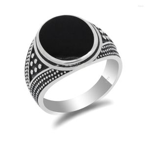 Cluster Rings Turkish Handmade 925 Sterling Silver Men Ring Oval Black Enamel Vintage Thai Design For Women Party Jewelry