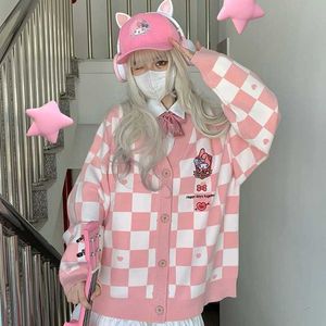 Deeptown kawaii impressão dos desenhos animados rosa camisola cardigan feminino estilo coreano harajuku xadrez oversize com decote em v jumper feminino bonito topos