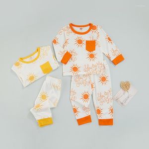 Kläder sätter fokusnorm 0-24m spädbarn baby pojkar flickor 2 st kläder SES Sun Mönster långärmad pullover ficka toppar höga midjebyxor