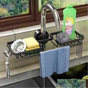 Storage Holders Racks Kitchen Sink Drain Rack Sponge Storage Faucet Holder Space Aluminum Soap Drainer Shelf Basket Organizer Bathro Dhr9H