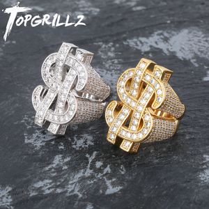 Solitaire Ring Topgrillz Fashion Rock Iced Out Bling Gold Silver Color US Dollar Sign Rings AAA Cubic Zircon Hip Hop Ring For Men smycken 230907