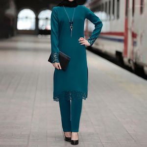 Roupas étnicas Oriente Médio Dubai Moda 2 Peças Mulheres Muçulmanas Terno Primavera Verão Manga Longa Camisa Calças Set Casual Robe Turco