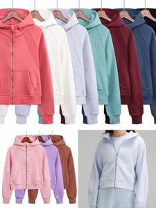 Women Brushed Full Zip Hoodie Jacket Sportswear LU-Yoga Outfits Hooded Workout Track Running Coat with Pockets Outdoor Fleeces Thumb Holes EYWC