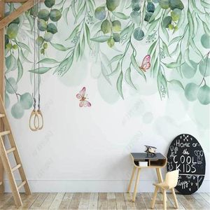 壁紙ノルディックハンドペイントリビングルーム用の小さな新鮮な葉の壁紙