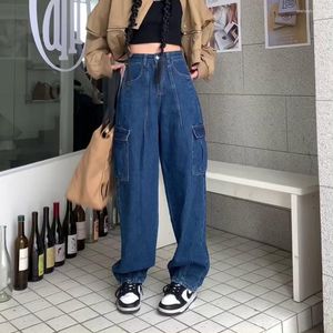 Frauen Jeans Herbst Arbeit Frauen Hohe Taille Gerade Breite Beinen Tasche Denim Hosen Lässige Mode Blau Lose Straße Hosen