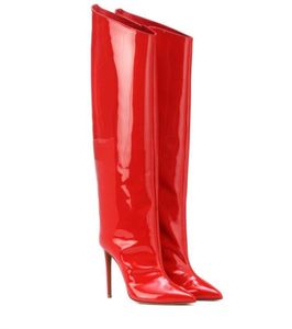 Ladies Candy Color Mirror Leather Metallic The Knee Women Long Boot 12 cm High Heels Pointed Toe Zipper Boots Big Size for girls party shoes