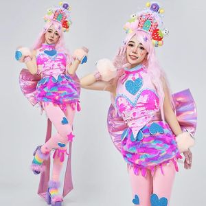Сценическая одежда ярких цветов Gogo Dancer Performance Женская прекрасная одежда для джазовых танцев Топы с блестками Плюшевая юбка Головной убор Карнавальный костюм VDB7234