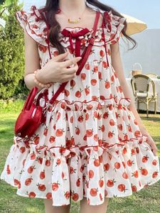여름 딸기 lolita kawaii dres 꽃 프린트 일본 달콤한 귀여운 드레스 여성 레드 한국 스타일 파티 미니 230808