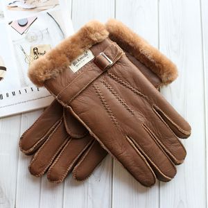 Five Fingers Gloves Sheepskin Fur Gloves Men's Thick Winter Warm Large Size Outdoor Windproof Cold Hand Stitching Sewn Leather Finger Gloves 230906