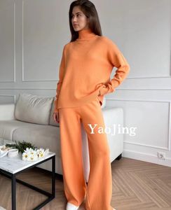 New european fashion women's turtleneck knitted loose sweater and wide leg long pants twinset 2 pc pants suit