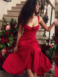 Elegant Lace-up Spaghetti Strap Red Midi Dress for Women