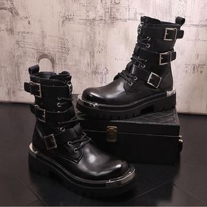 Motocykelstövlar Storlek 37-44 Mänskor Högtopp Militär Combat Boots Belt Buckle Male Moto Punk Boots 1AA49