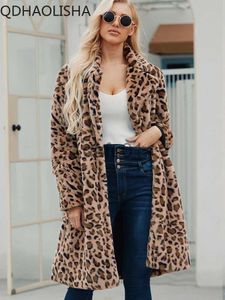 Women's Fur Faux Fur Women's Coat Leopard Print Suit Collar Faux Fur Coat Long Fashion Casual Fluffy Jacket Winter Women Clothes Warm Top Streetwear x0907