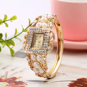 Relógios de pulso feminino luxo quadrado ponteiro quartzo pulseira relógio strass falso pérola bangle relógio relogio feminino