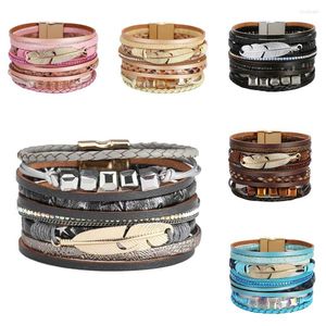 Charm Bracelets Boho Chic Multi Layer Wide Rim Leather Bracelet For Women Jewelry Crystal Feather Accessories Magnet Buckle Bangle