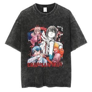 Men's TShirts Anime Print T Shirt Chainsaw Man Tees Harajuku Streetwear Washed TShirt Power ShortSleeved Shirts Pochita Denji Tshirt 230906