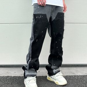 Mężczyźni dżinsy streetwearowe plamki atramentowe mecz kolorowy workowate dla mężczyzn Patchwork Rage Fringe Fringe Micro dżinsowe Spodnie Owwrotne luźne ładunki