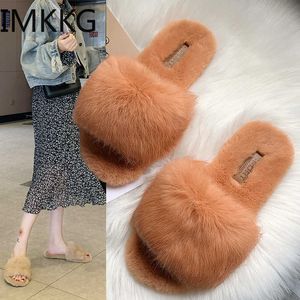 Slippers Natural Fur Women Slippers Shoes New Rabbit Fur Slippers Home Slides Ladies Furry Indoor Flip Flops Fluffy Women Shoes F90349 X0905