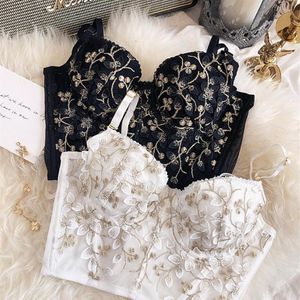 Sweet French White Floral Embroidery Romantic Thin Cup with Pad Women Sexig Push Up Underwear Bh Set Lace trosor Underkläder Bras245h