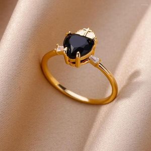 Fedi nuziali Donna Pietra nera Cuore d'amore per le donne Oro antico Argento Color impilabile Fasce con zirconi Anello sottile Gioielli di compleanno