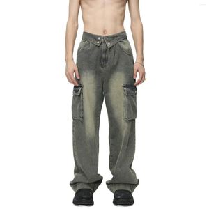 Męskie dżinsy workowate hip hopowe spodnie z dużymi kieszeniami moda High Streetwear Owwrotne dżinsowe spodnie luźne