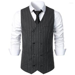 Men's Vests Formal Pinstripe Double Breasted Suit Vest 2023 Brand Slim Fit Sleeveless Waistcoat Men Gentleman Business Retro