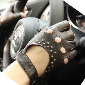 Fünf-Finger-Handschuhe, Leder-Halbfinger-Handschuhe, Damen, kurz, dünn, ungefüttert, für Frühling und Herbst, Motorradfahren, Damen, Fahren, fingerlos, 230907