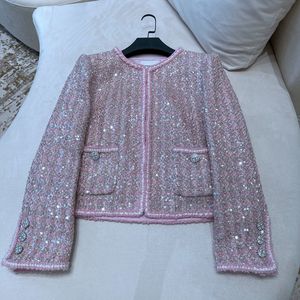 Frauen Wollmischungen Rosa Pailletten Mantel für Frauen Herbst Winter Kleidung Koreanische Mode Elegante Oansatz Kurze Tweed Jacke Weibliche 230906