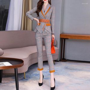 Damen Zweiteilige Hosen Herbst Outfits Frauen Casual Anzug Set Frühling Elegante Damen Plaid Blazer Jacken Business und Bleistiftanzüge