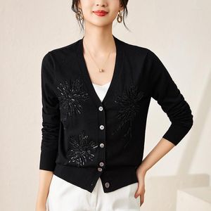 Malhas femininas 85% lã 15% seda real malha cardigan elegante decote em v manga longa cardigans preto branco camisola mulher casual outerwear