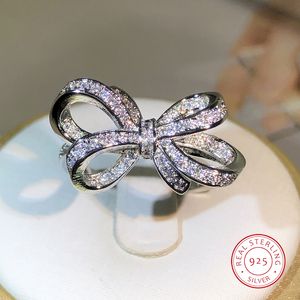 Wedding Rings 925 Sterling Silver Classic Big Bow Zircon Ring For Ladies Fashion Birthday Wedding Engagement Jewelry Gift 230907