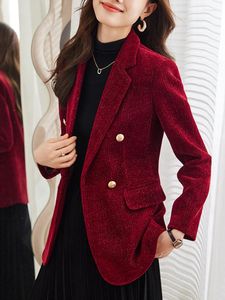 Kvinnors kostymer Autumn Winter Corduroy Blazers for Women Casual 2023 Vintage Red Jackets Coats Veste Femme Plus Size Ytterkläder Topps Mujer