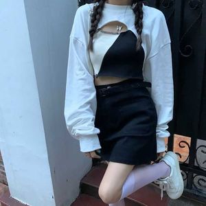 Deeptown Korean Streetwear Y2k Crop Sweatshirt Women Harajuku Fashion Oversize 2 Pieces Sets Tshirts Hippie Casual Irregular Top