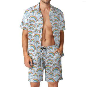 Tracksuits masculinos arco-íris homens define nuvens amor coração na moda camisa casual conjunto de mangas curtas shorts personalizados verão beachwear terno tamanho grande 2xl