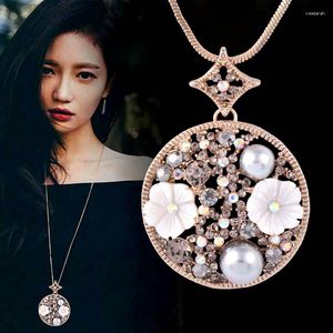 Kedjor Sinleery White Shell Flower Grey Pearls Round Pendant Long Necklace Black Gold Color Chain Women Vintage Jewelry My397 SSB