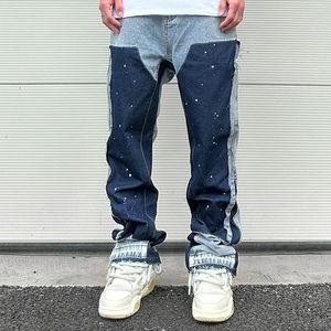 Men S Jeanse Streetwear Speckled Ink Match Y2K workowate dla mężczyzn Patchwork Rage Fringe Fringe Micro dżinsowe Spodnie Owwony luźne Cargos 230906