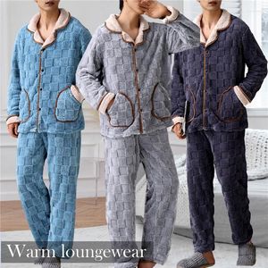 Mäns sömnkläder män vinter förtjockad korallfleece pyjamas byxor långärmad pläd Jacquard cardigan 2 st set varm fritid flanell