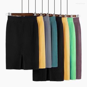 Skirts Vintage Women Thick Sweater Skirt Elastic High Waist Pleated Midi Knitted Pencil Female Solid Elegant All Season