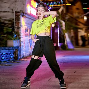 Bühne tragen 2023 Jazz Performance Kostüme für Mädchen Gelb Crop Tops Hohl Lose Hosen Straße Hip Hop Dance Rave Kleidung DN12379