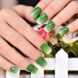 Falska naglar tryck på glansig grön vit lutning fransk medium kort squoval återanvändbar akryl nagelkonst tips falska