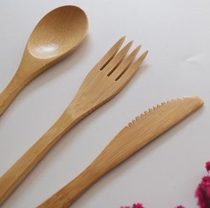 Dinnerware Sets 3Pcs/set Set Bamboo Fork Knife Soup Teaspoon Catering Cutlery With Cloth Bag Kitchen Cooking Tools Utensil SN608